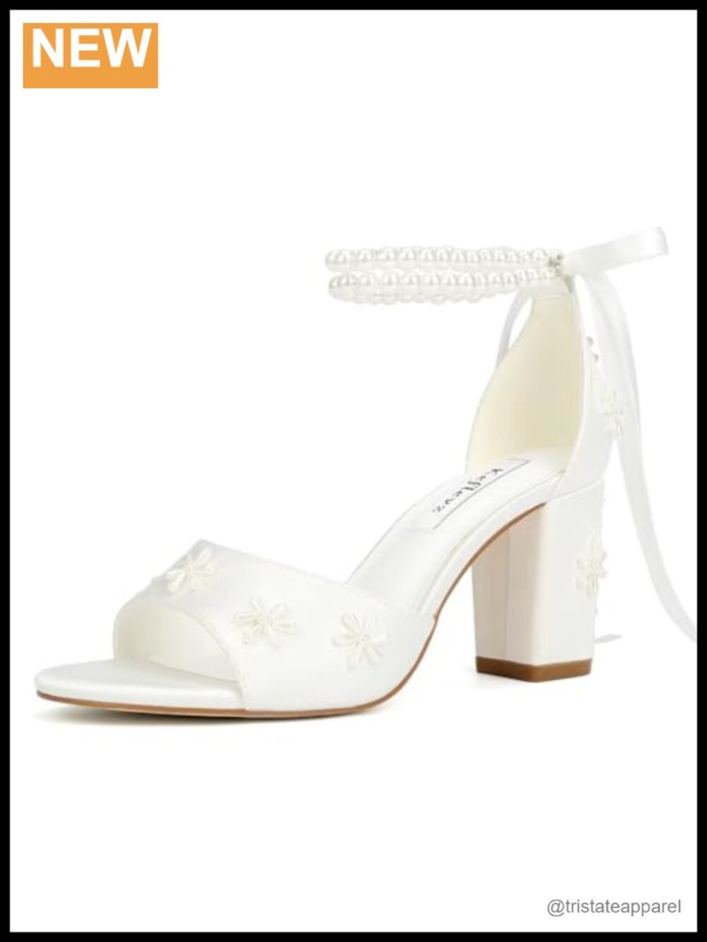 Pearl Block Heel Wedding Sandals Satin Bridal Heels for Bride